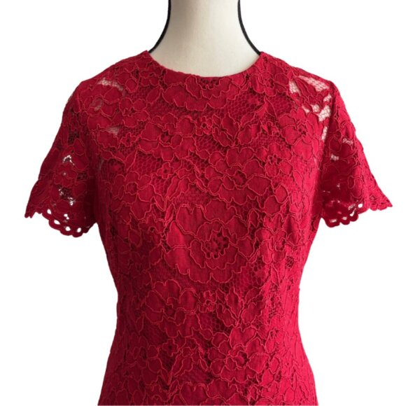 Lauren Ralph Lauren Red Lace Midi Sheath Dress with scalloped sleeves and hem - Picture 2 of 10